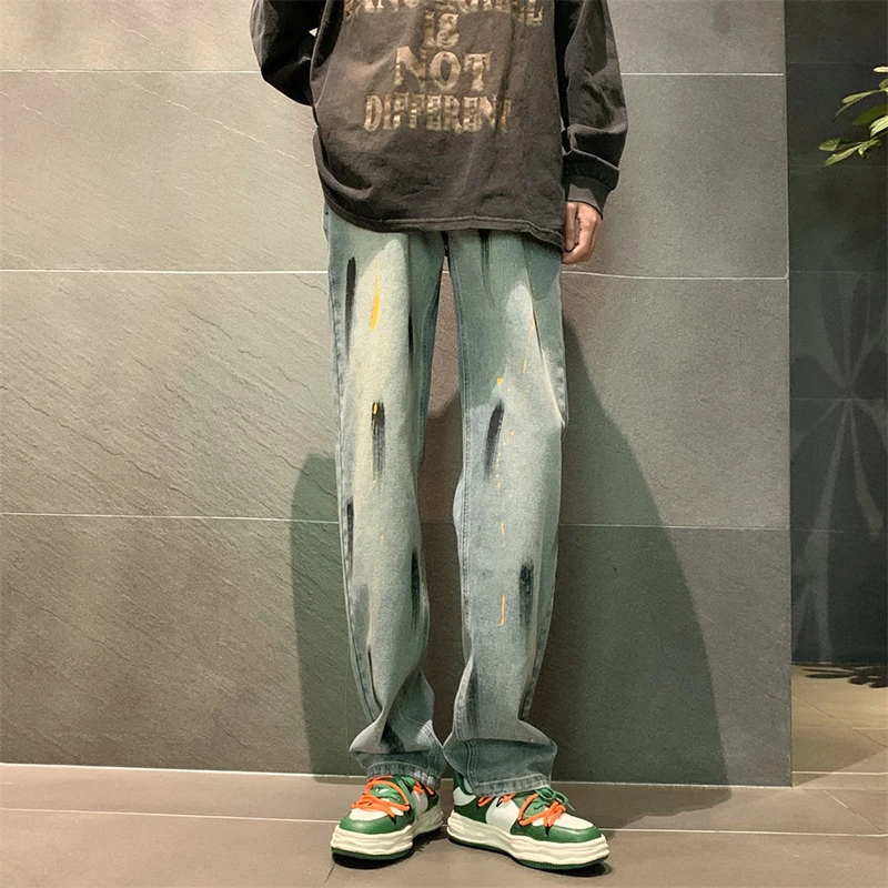 春秋季漆点涂鸦牛仔裤美式街头hiphop裤子欧美高街设计感直筒长裤