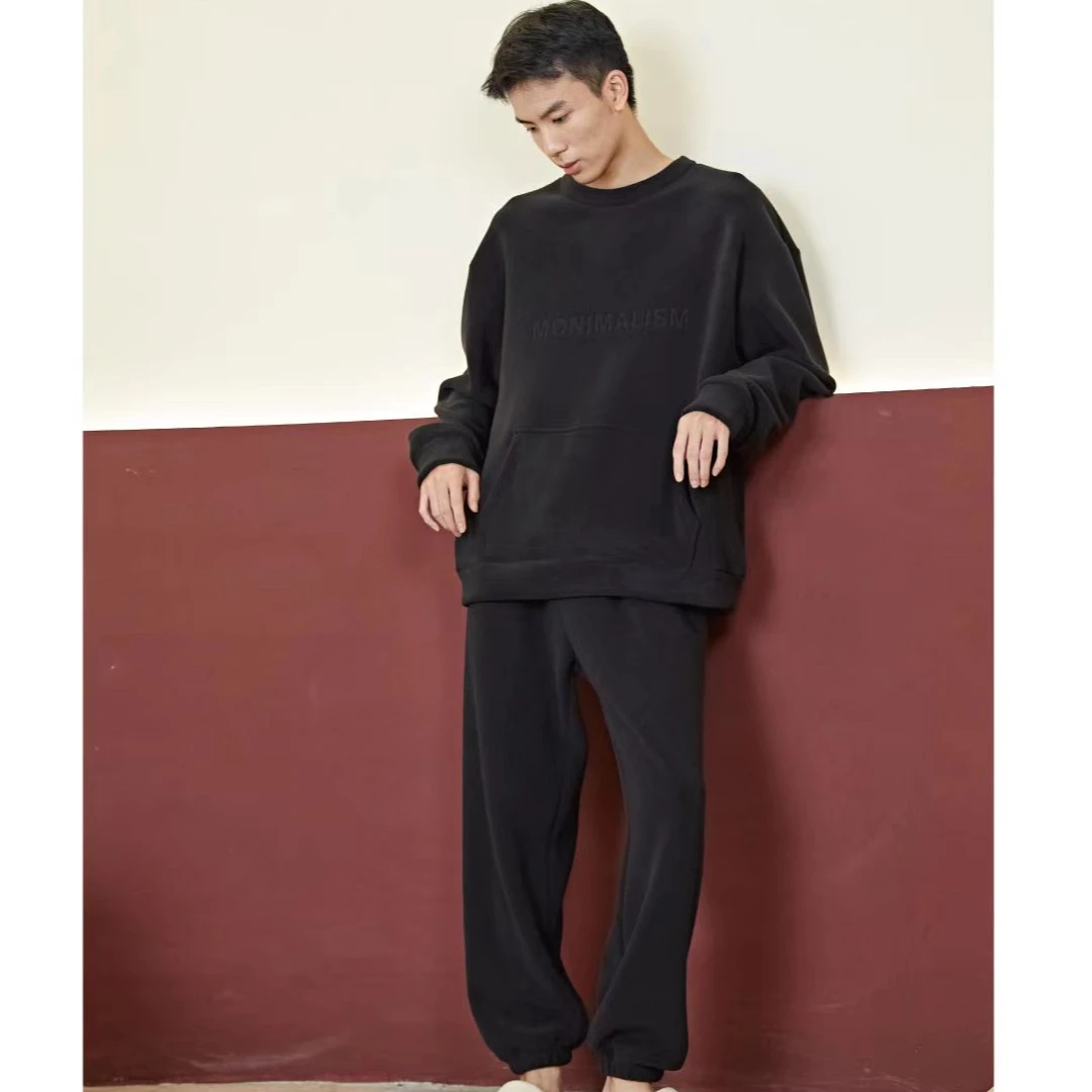 【朵拉菲儿YB】948男士宽松加绒休闲运动圆领秋冬保暖家居服套装