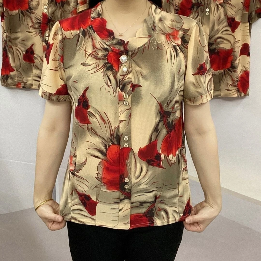 2023冰丝打底衫女夏季新款花领印花短袖洋气减龄中年T恤衫上衣潮