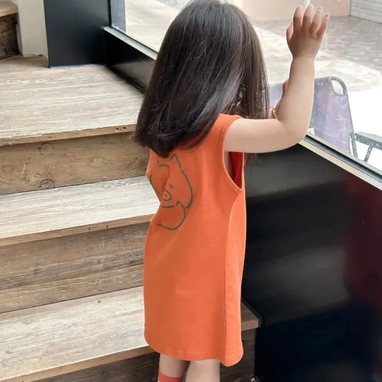 纯棉女童宝宝可爱字母印花无袖背心裙儿童夏季休闲中长款连衣裙子