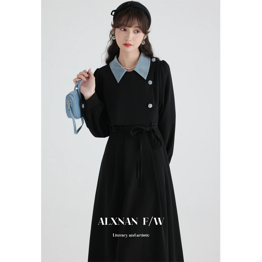 鹿向南-《蔚蓝夜旅人》法式桔梗假两件连衣裙女2023秋款黑色长袖裙