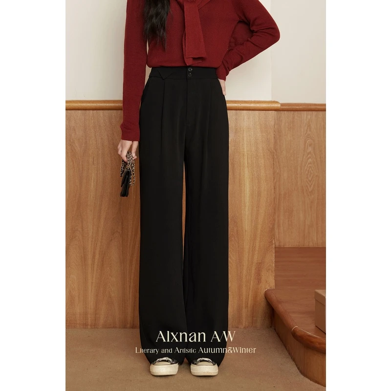 Q鹿向南「瘦瘦裤」黑色显瘦阔腿裤高腰休闲流行长裤L39930