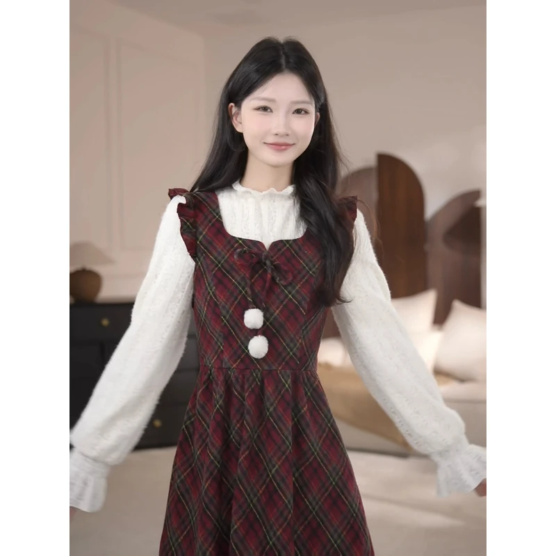 鹿向南「冬日初雪」复古红格纹假两件连衣裙女冬季新款DYL661600