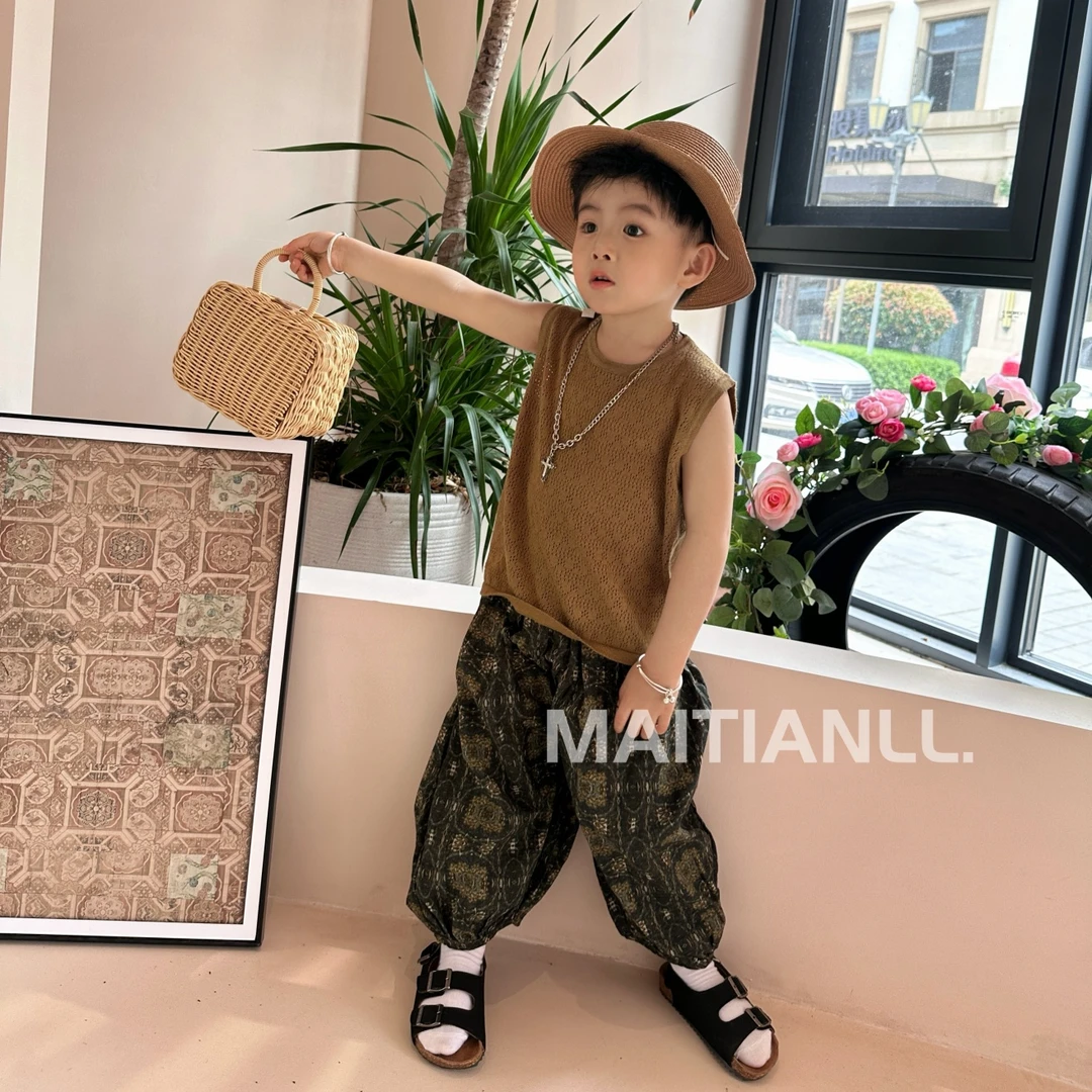 2024夏季儿童防蚊裤男女宝复古松紧腰宽松碎花灯笼裤薄