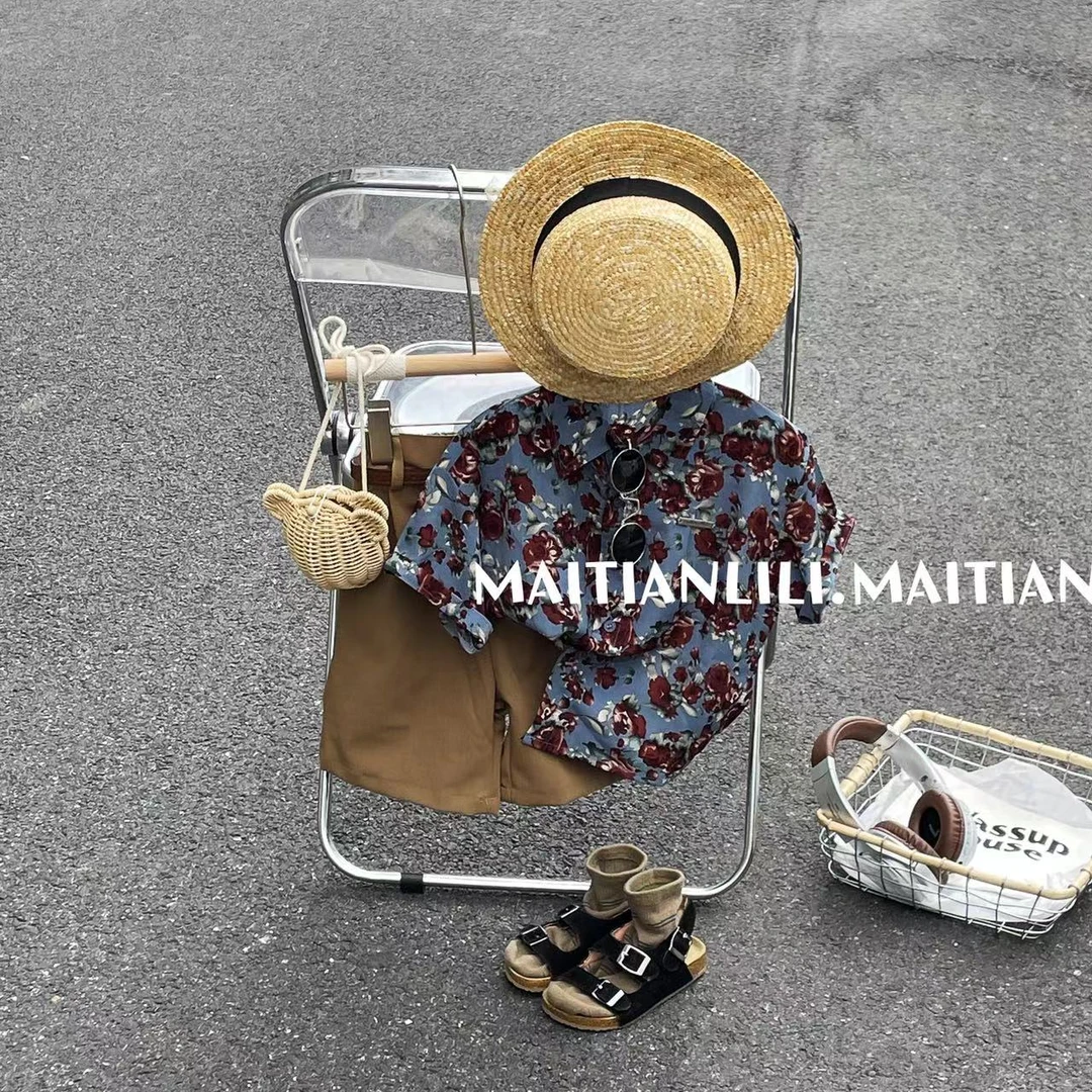 2024夏新款童装儿童度假风复古港风花朵短袖衬衫男童痞帅花衬衣