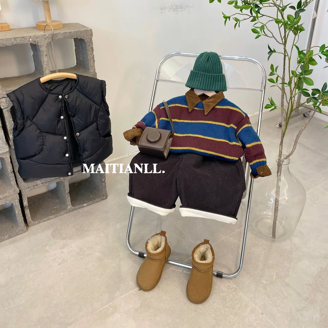 2024秋冬新款童装男童撞色粗毛线圆领毛衣儿童复古条纹套头毛衣韩