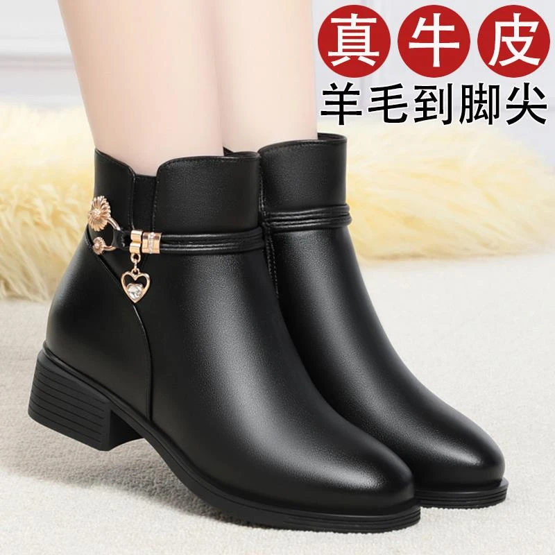 全牛皮真皮短靴女低跟妈妈棉鞋加绒冬季羊毛棉靴子加厚马丁靴惠州