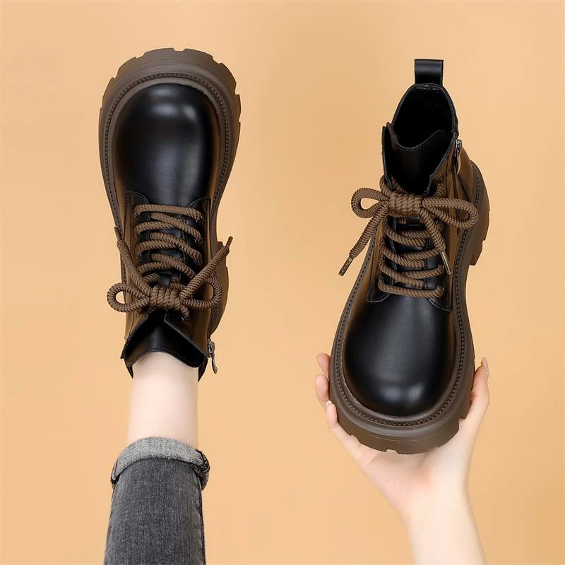 低帮马丁靴女2025年真皮秋季新款小个子圆头加绒松糕厚底时尚短靴