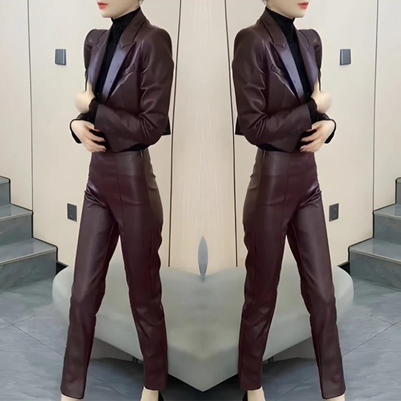 秋冬新款酒红色皮衣长袖短款夹克上衣外套小脚高腰皮裤两件套女潮