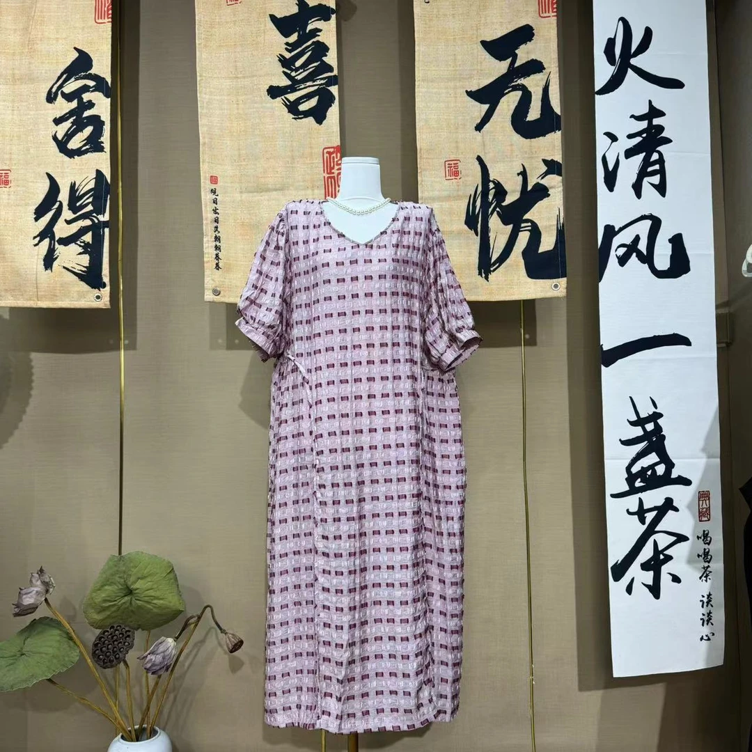 6871肥猫粉拼接V领时尚复古气质女装连衣裙