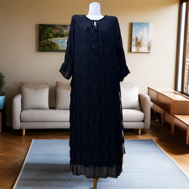 8160肥猫新款黑色褶皱设计时尚百搭连衣裙