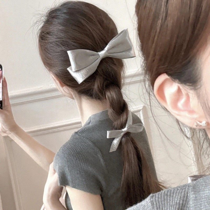 韩系丝光银色立体蝴蝶结发夹甜酷少女弹簧夹发饰头饰侧边夹子发饰