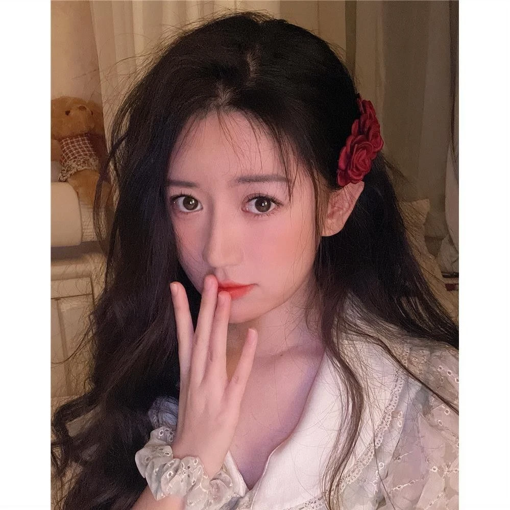 超仙仙女缎面复古红玫瑰花立体花朵弹簧发夹港风法式少女头饰