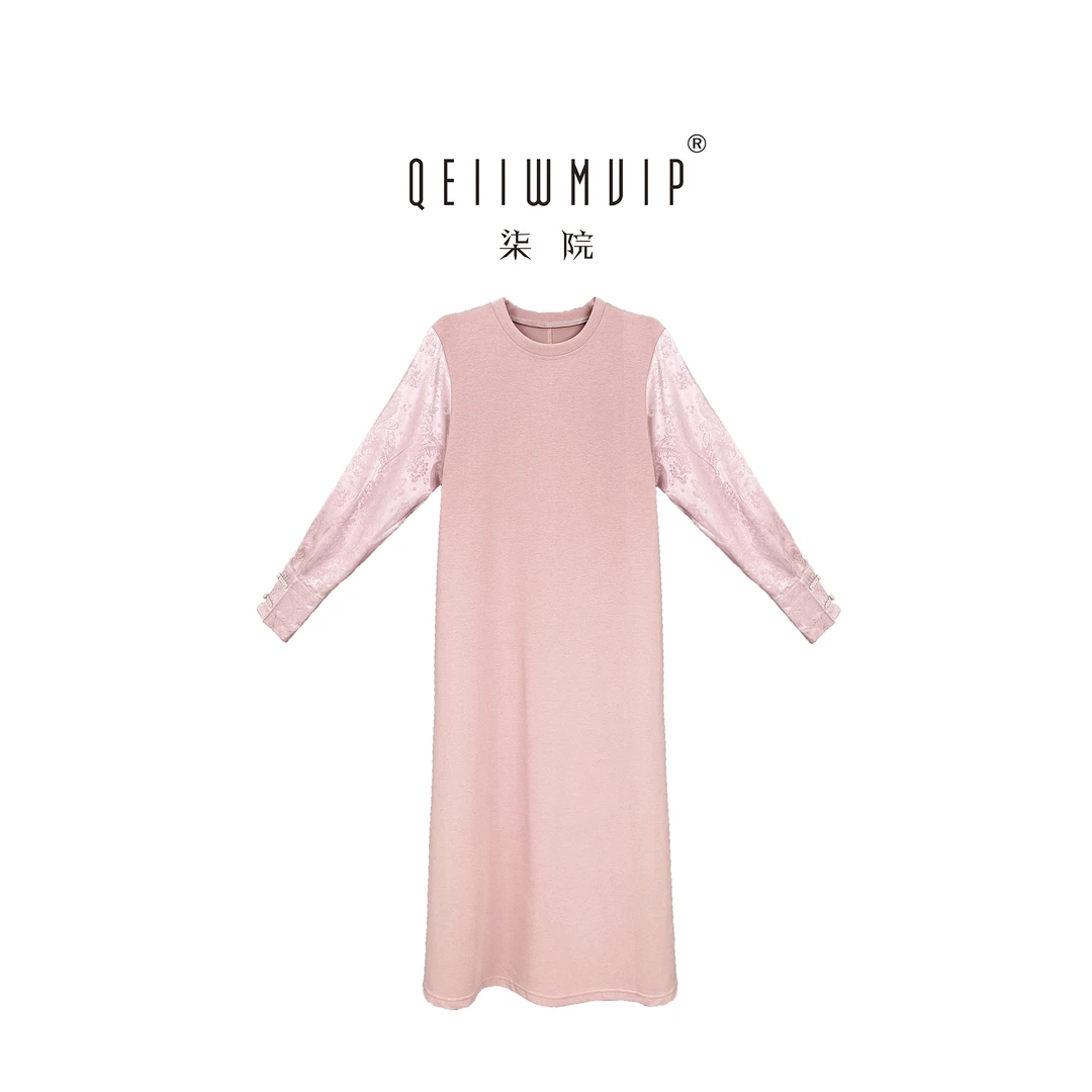 QEIIWMVIP/柒院春季国风拼接袖印花休闲时尚新中式针织连衣裙9593