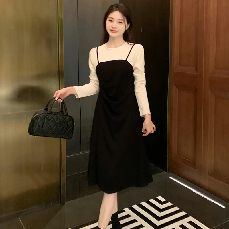 假两件长袖法式气质收腰显瘦连衣裙#8822
