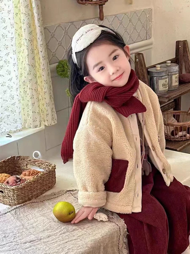 女童秋冬套装24新款复古碎花羊羔毛外套加绒阔腿裤韩版保暖童装潮