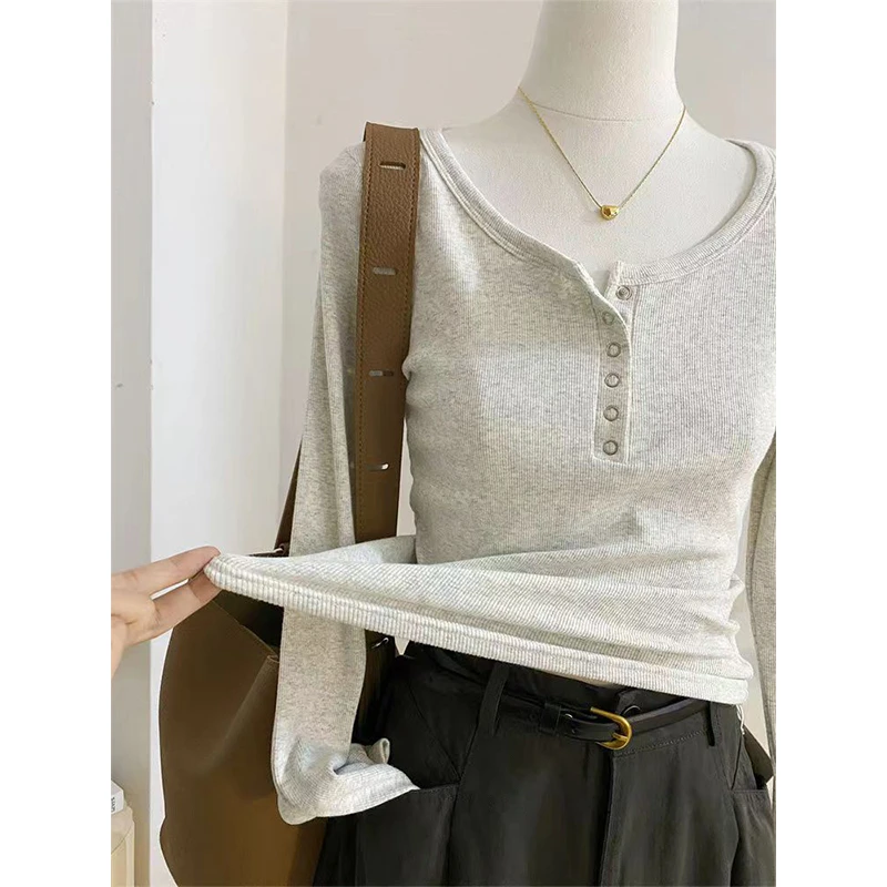 修身显瘦u领设计感打底衫花灰色内搭秋冬新款螺纹棉长袖t恤女纯棉