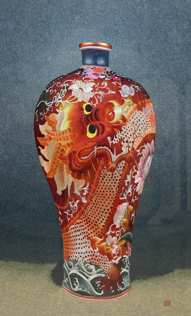苏绣【红龙瓷瓶】纯手工精品苏绣客厅画玄关走廊卧室茶室挂画