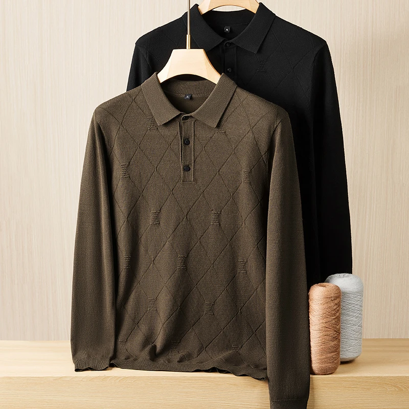 200斤大码男士秋季T恤毛衣胖子长袖针织衫加肥加大软弹翻领打底衫