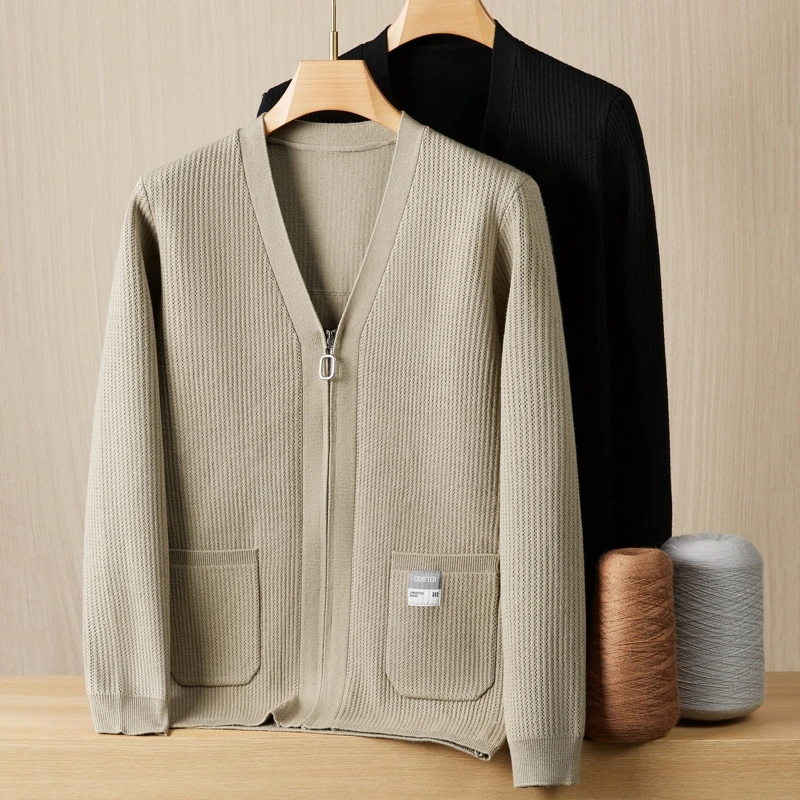 2024秋冬V领针织拉链开衫男士休闲男加肥加大特大码针织衫潮