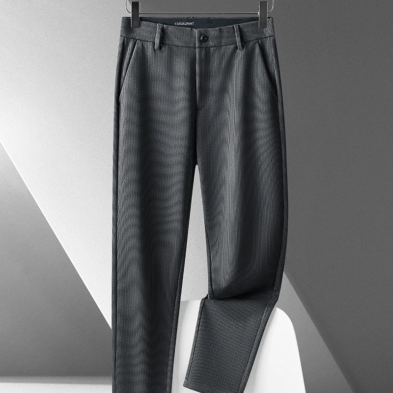 大码男装轻奢休闲西裤加肥加大高弹力商务休闲裤秋冬竖纹长裤