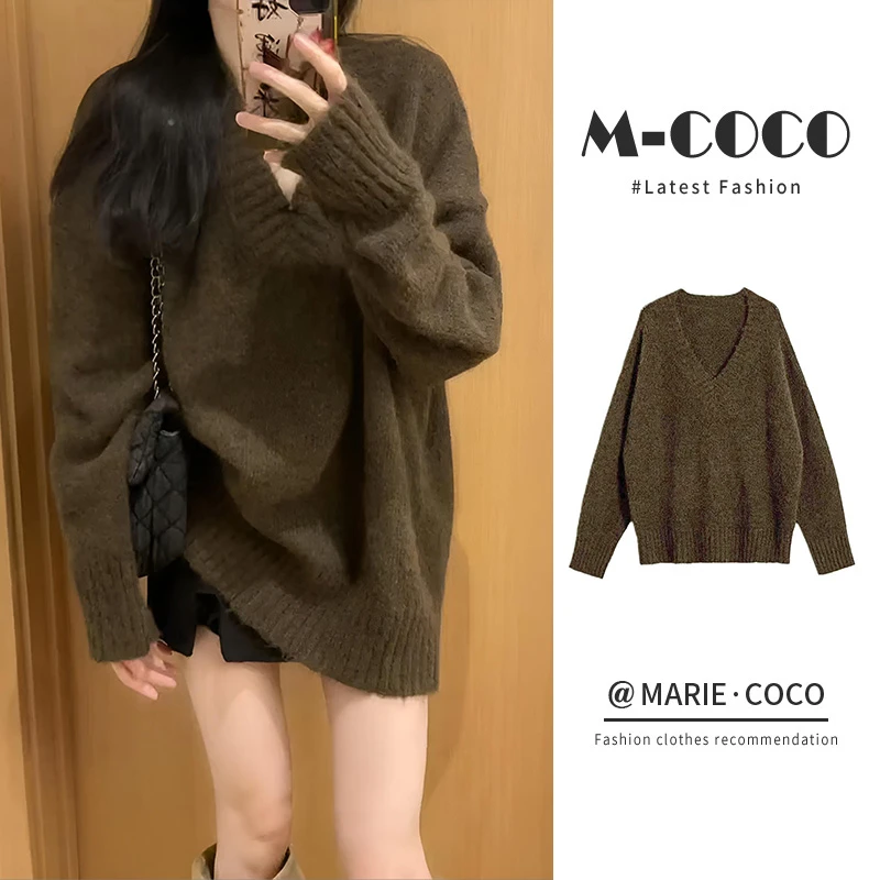 MARIE.COCO韩系复古v领软糯毛衣女秋冬季宽松慵懒风高级感针织衫