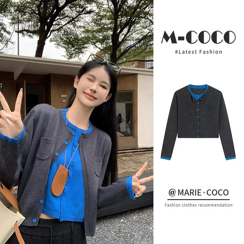 MARIE.COCO港味复古撞色假两件针织开衫女秋别致拼接百搭半身裙子