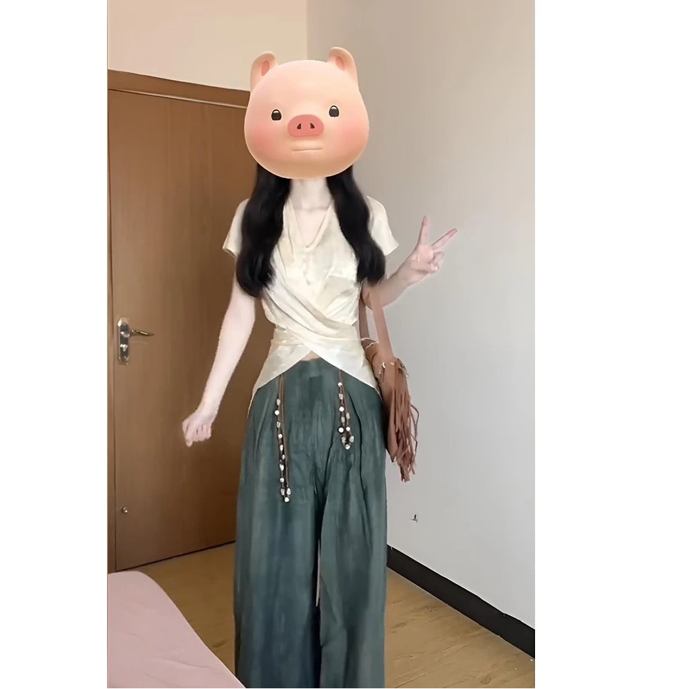 MARIE.COCO新中式国风墨绿色阔腿裤女秋慵懒垂感宽松休闲拖地长裤