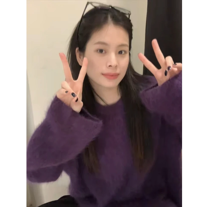 MARIE.COCO紫色浣熊绒毛衣女秋冬慵懒软糯宽松外穿高级感针织上衣