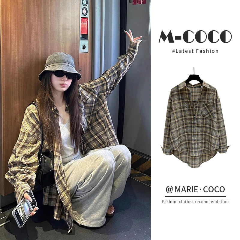 MARIE.COCO潮牌街头翻领长袖衬衫男女同款美式复古格子衬衣外套秋