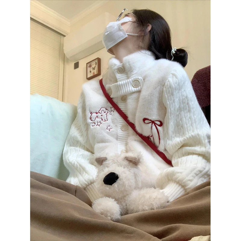 MARIE.COCO百搭针织拼接毛茸茸外套女秋冬季小狗刺绣设计感上衣