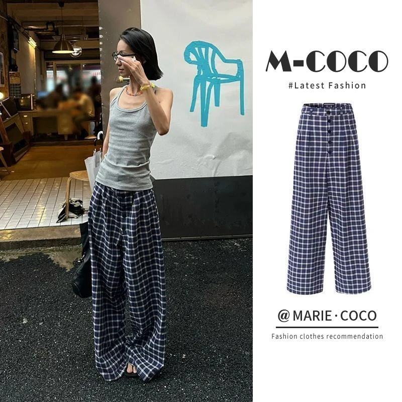 MARIE.COCO复古港风藏青色格子直筒阔腿休闲裤女夏季慵懒拖地长裤