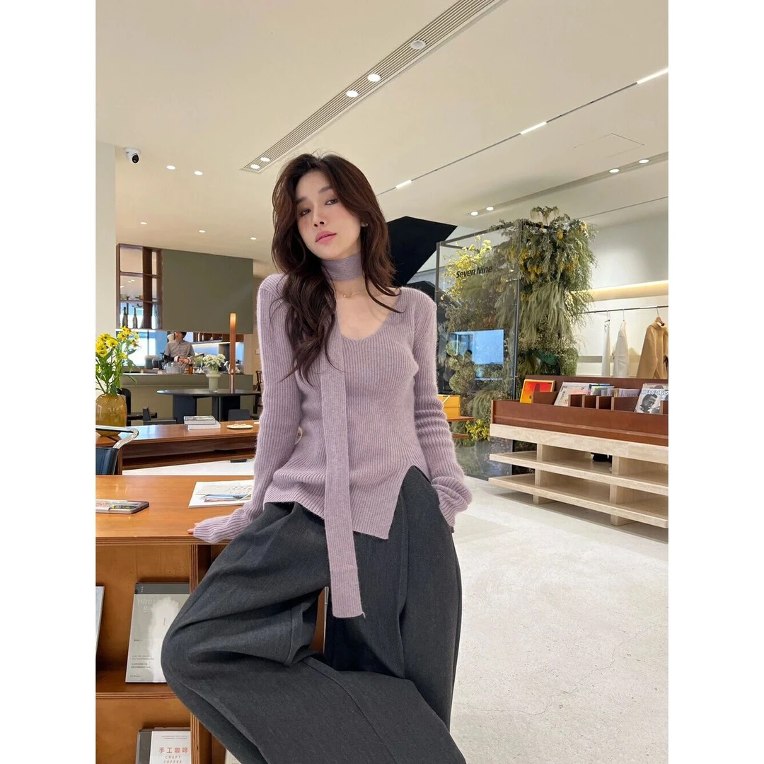 MARIE.COCO韩系chic别致针织打底衫上衣女秋冬设计感v领修身毛衣