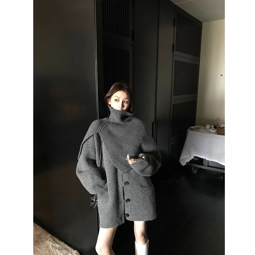 MARIE.COCO2025复古灰色针织开衫女气质秋冬宽松慵懒风披肩两件套