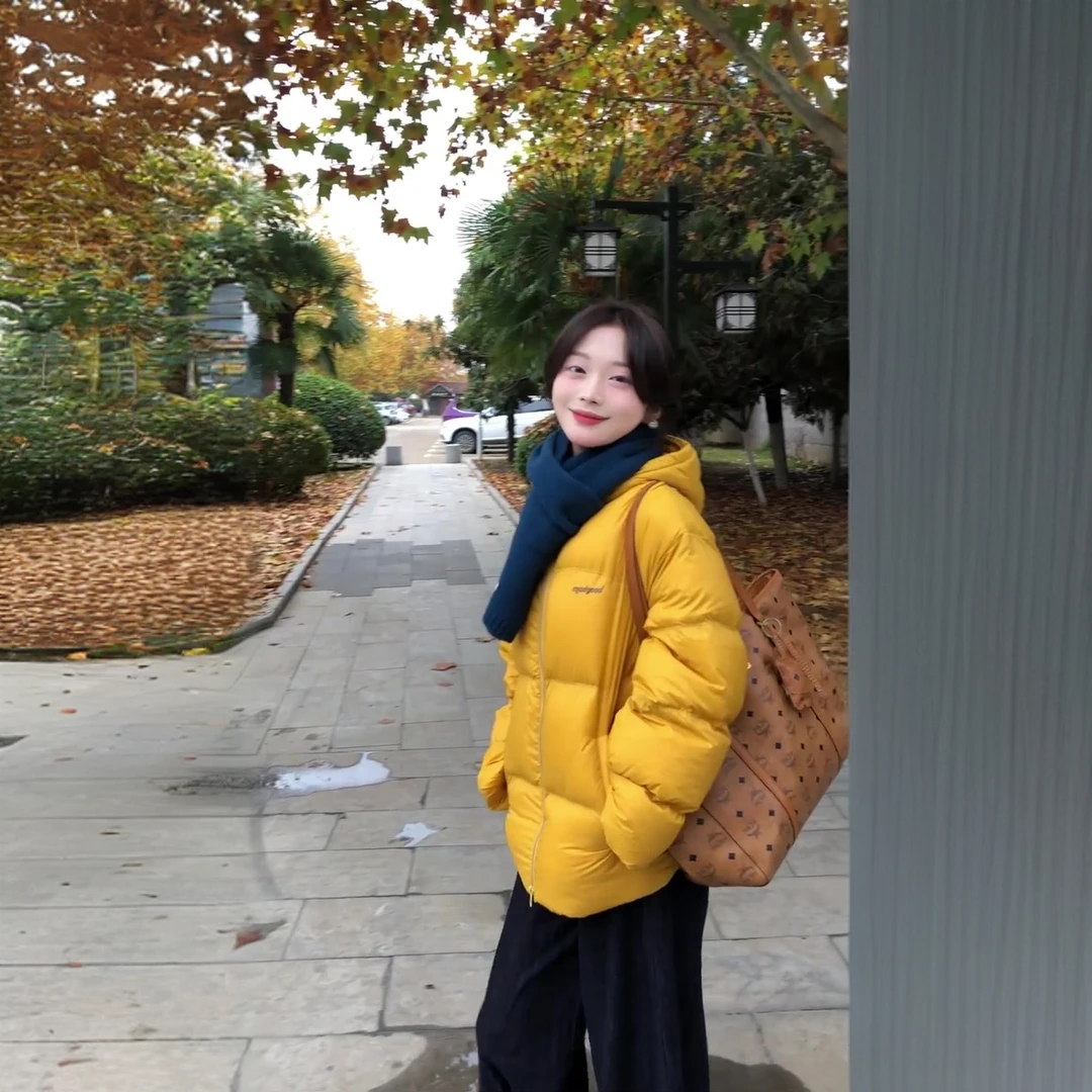MARIE.COCO冬季新款百搭加厚保暖棉衣穿搭韩系氛围感黄色棉服外套