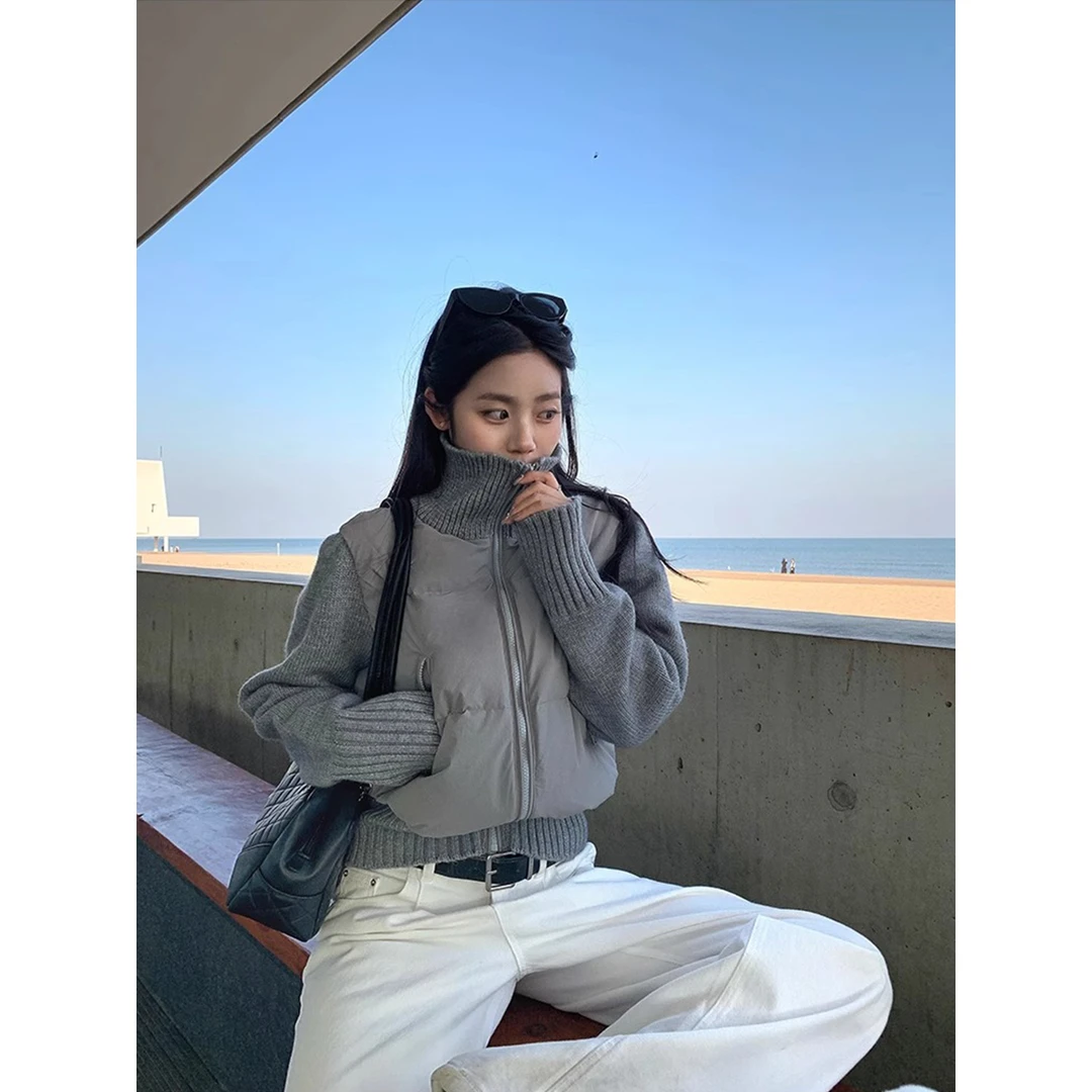 MARIE.COCO韩系灰色高领拼接棉服女冬季新款加厚保暖棉衣外套上衣