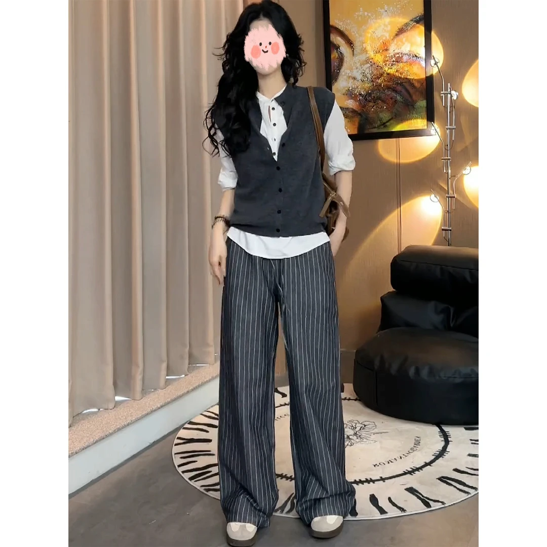 MARIE.COCO早秋穿搭女时尚洋气针织马甲长袖衬衫条纹阔腿裤三件套