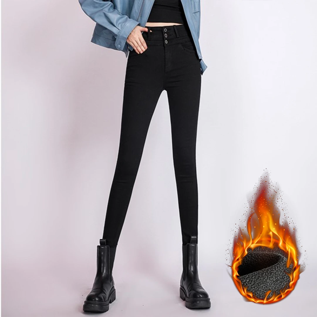 2023秋冬加绒新品高腰牛仔裤女紧身灰色裤子显瘦显高修身小脚裤女