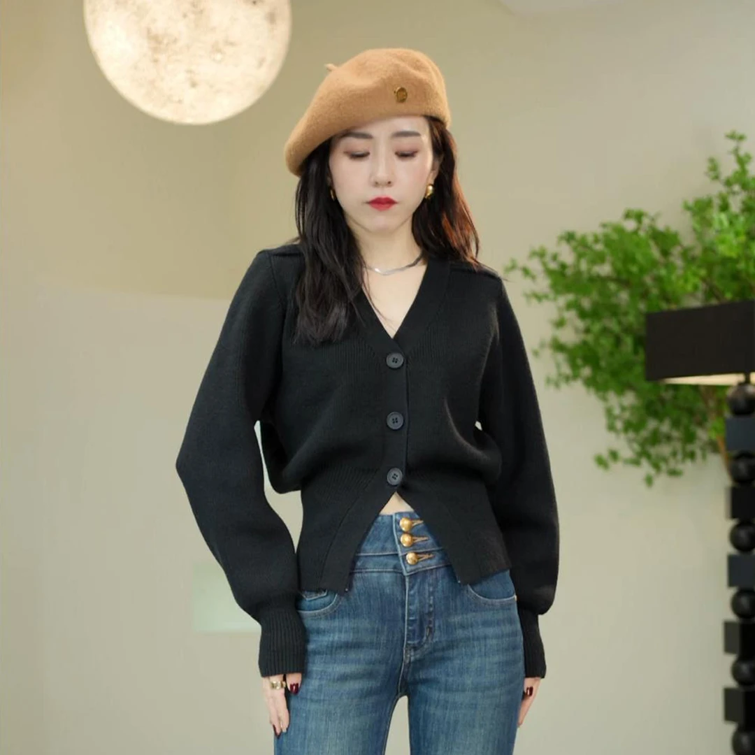 春秋款黑色V领毛衣开衫女外穿韩版修身长袖短款针织上衣外套