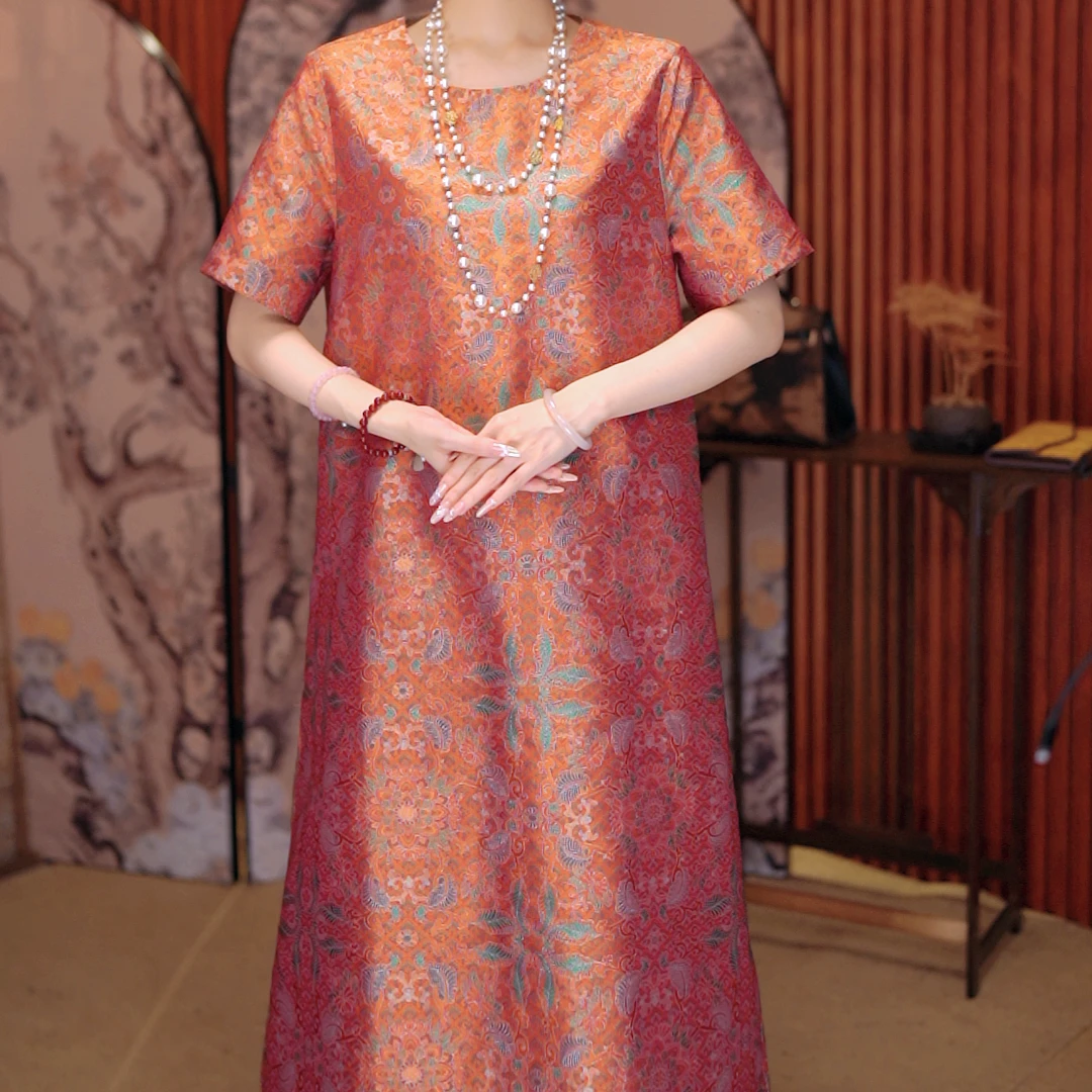 [橙静]新中式高定丹霞锦绣双面穿连衣裙XZS26081