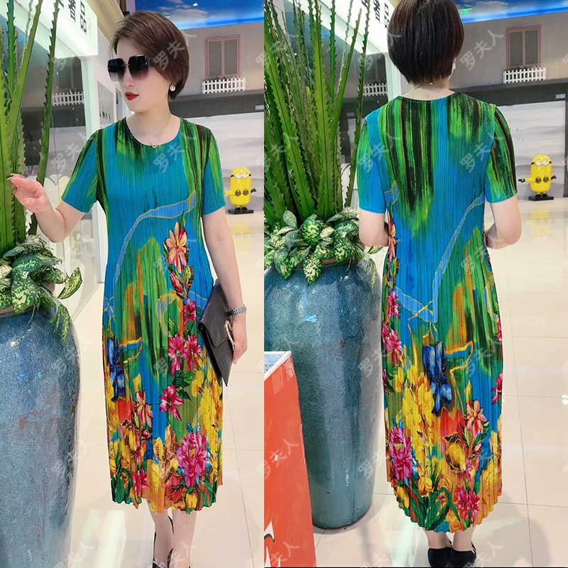 【三宅褶皱裙】妈妈装夏季新款高档阔太太洋气大码过膝裙宽松连衣裙
