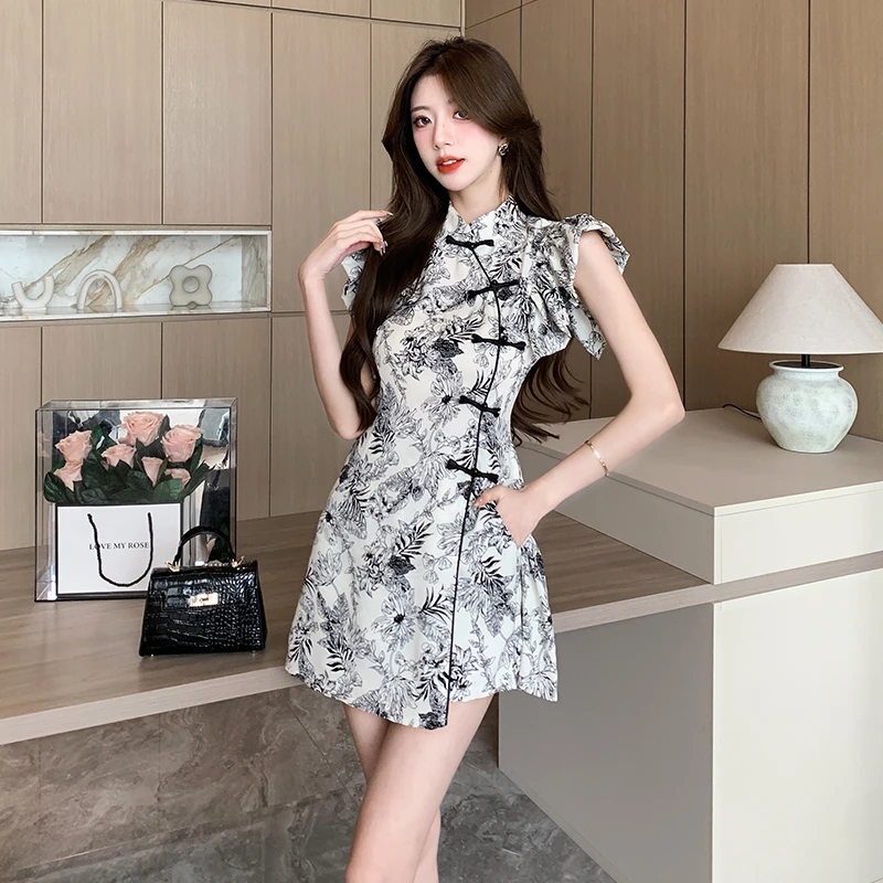 新中式中国风时尚套装女2023夏新款盘扣开叉上衣松紧腰短裤两件套