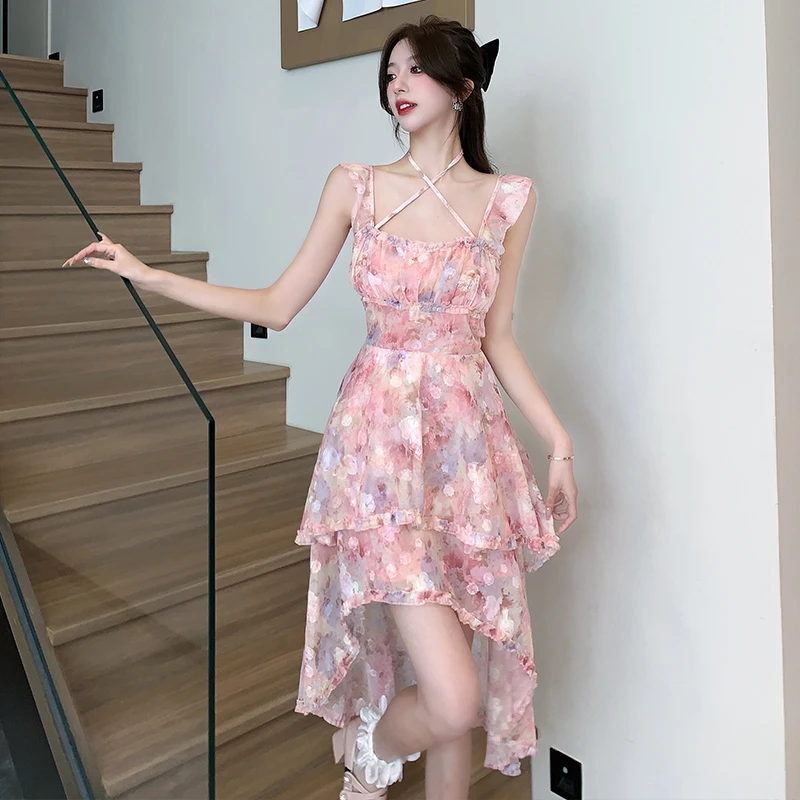 月神花海碎花连衣裙夏季方领收腰显瘦不规则小个子设计感吊带裙子