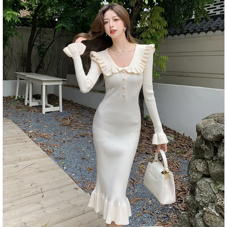 荷叶边长袖针织连衣裙秋冬新款小香风复古气质淑女包臀鱼尾毛衣裙