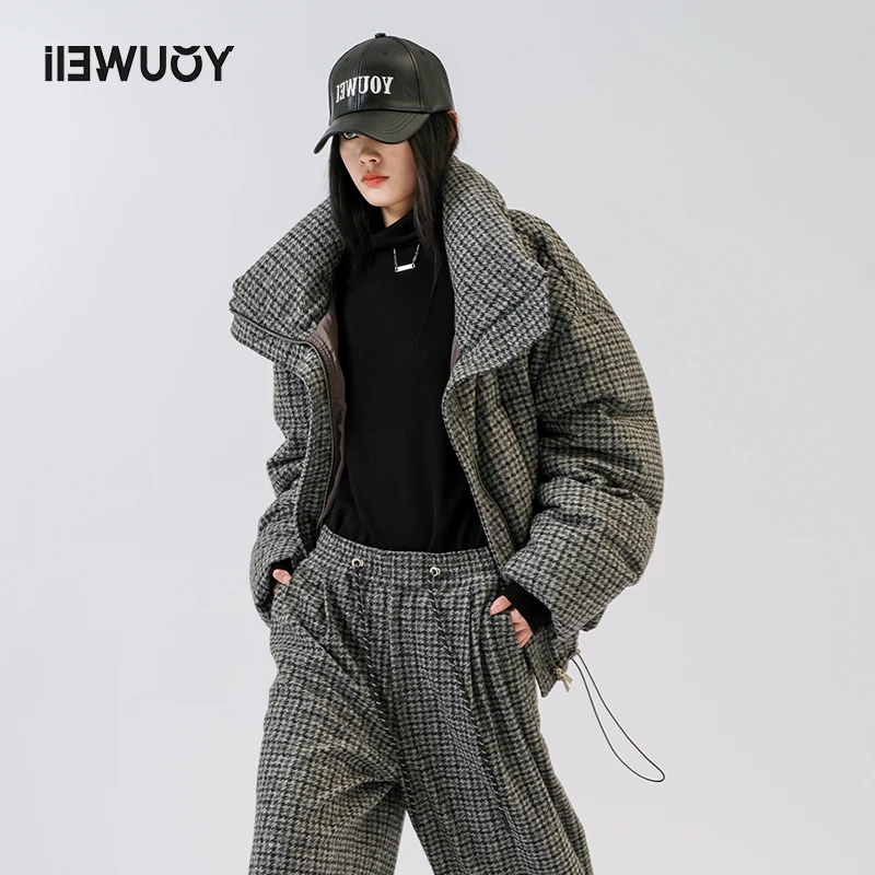 有尾YOUWEI加厚复古面包服宽松白鸭绒保暖羽绒服千鸟格Y2822413