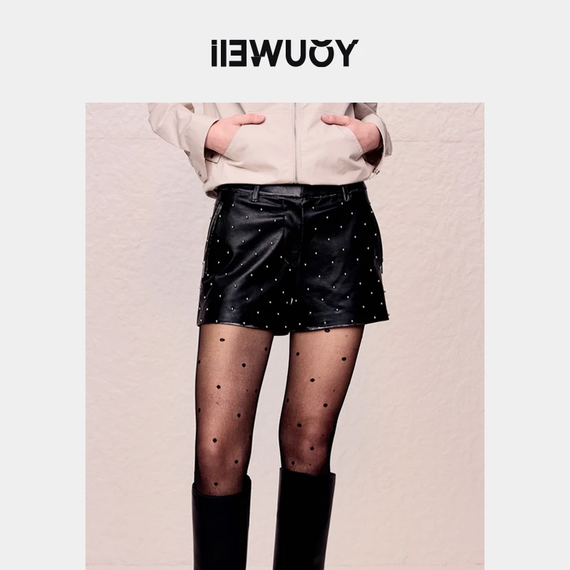 有尾YOUWEI2024新款褪色重工整珠蕾丝休闲皮短裤Y5224304显瘦网红