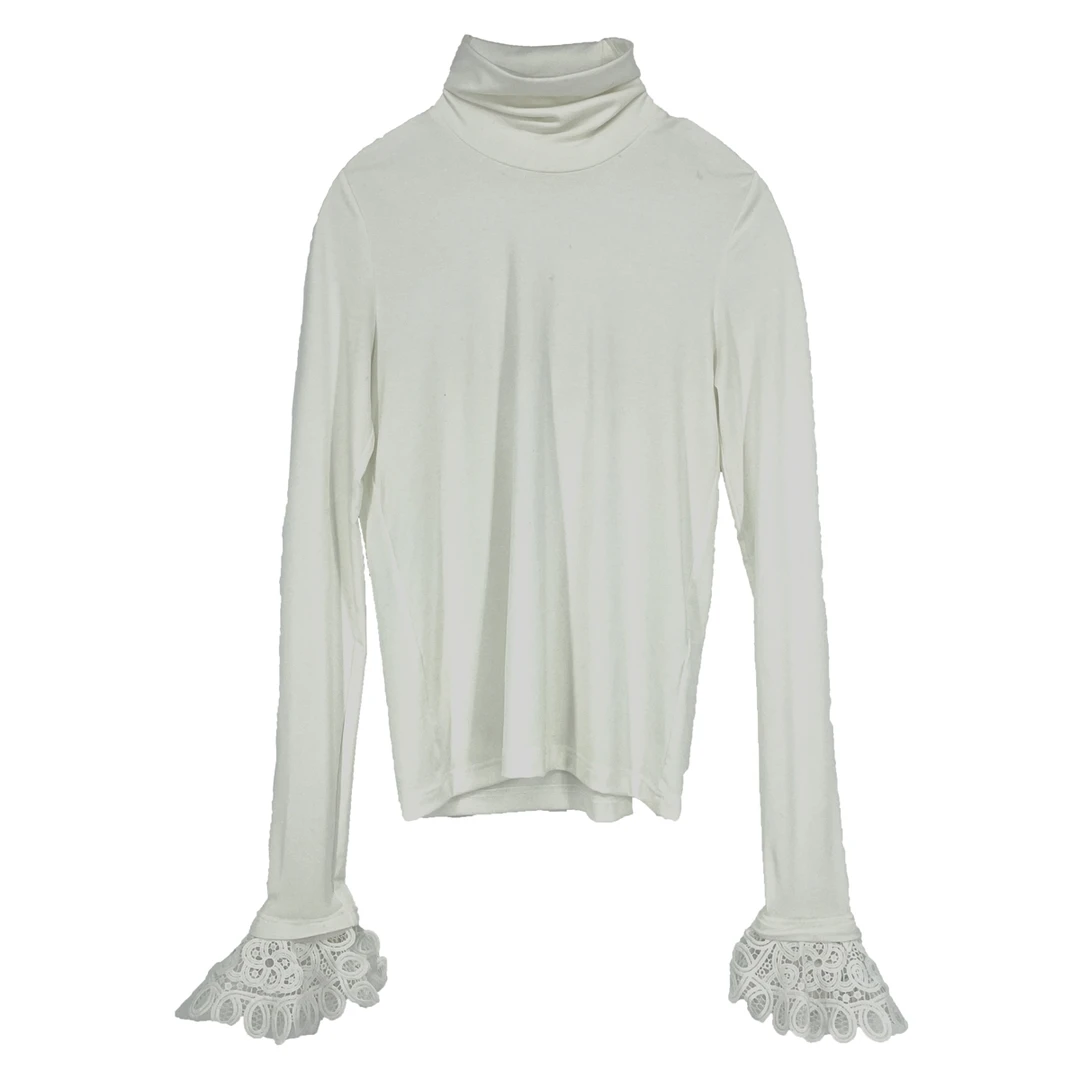 YOUWEI2024新款蕾丝袖口高领白色针织百搭修身打底衫秋冬Y1224424