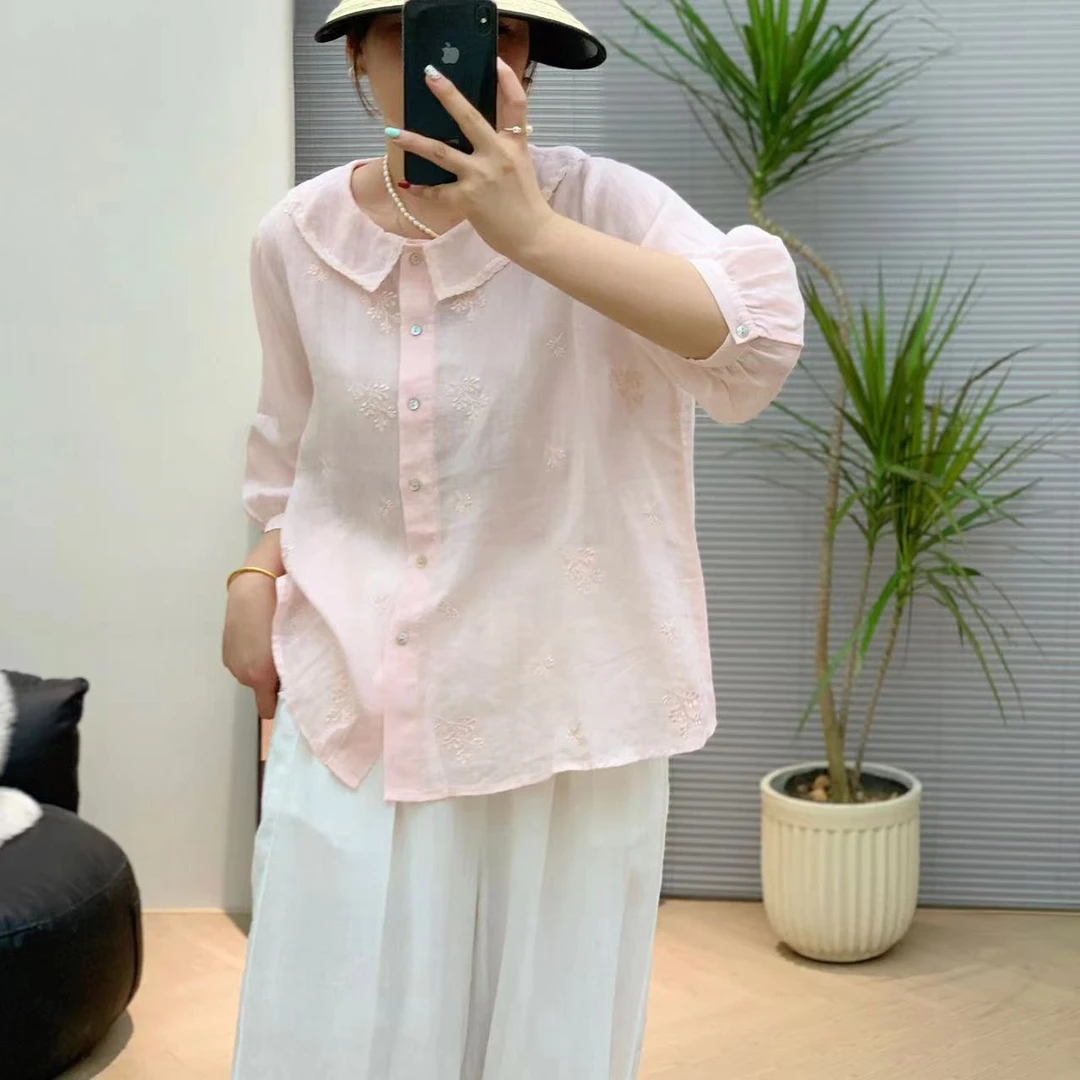 158小个子微胖穿搭苎麻刺绣娃娃衫衬衫