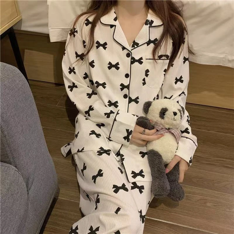 新款ins甜美可爱卡通睡衣女春秋韩版简约长袖长裤开衫家居服套装