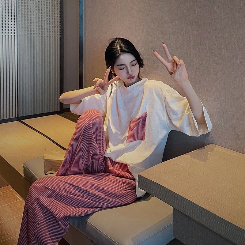 夏季新款睡衣女网红INS风宽松韩系可外穿家居服长裤两件套装时尚